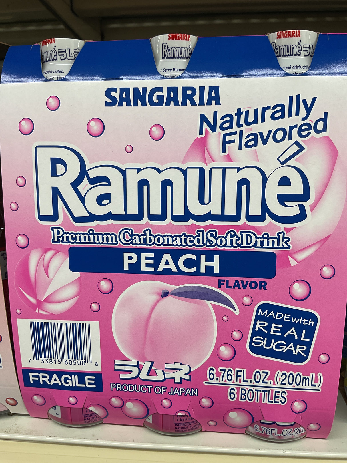 SANGARIA JAPANESE RAMUNE PREMIUM CARBOANTED SOFT DRINK PEACH 6pack 1200ml