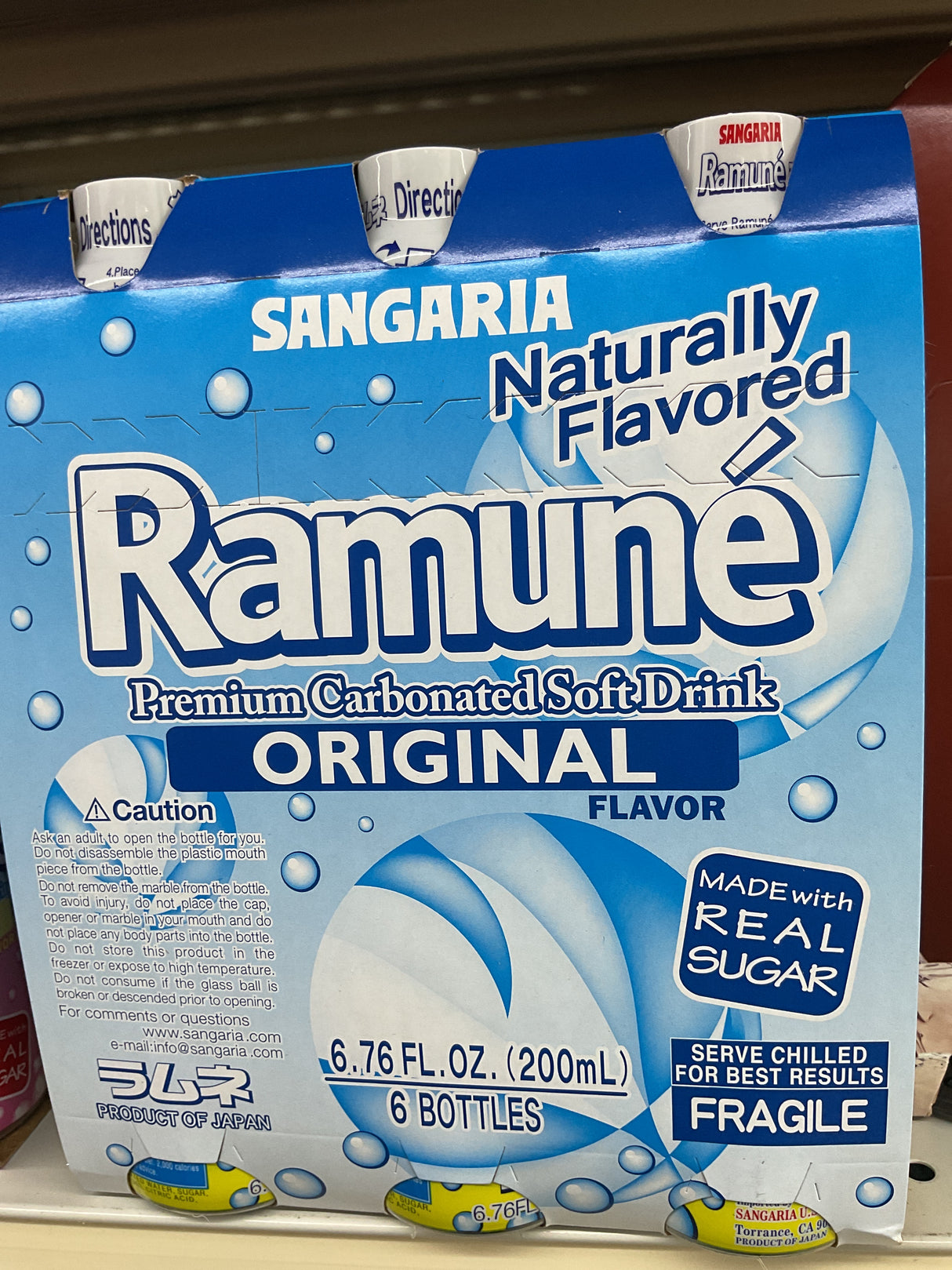 SANGARIA JAPANESE RAMUNE PREMIUM CARBOANTED SOFT DRINK ORIGINAL 6pack 1200ml